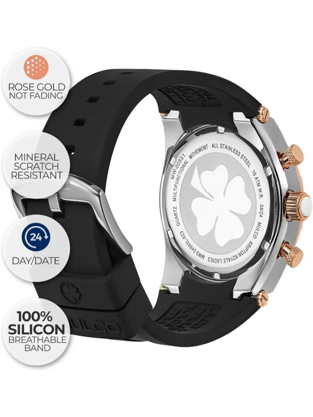 Women's Black Rose Gold Large Face Waterproof Stainless Steel Quartz Watches